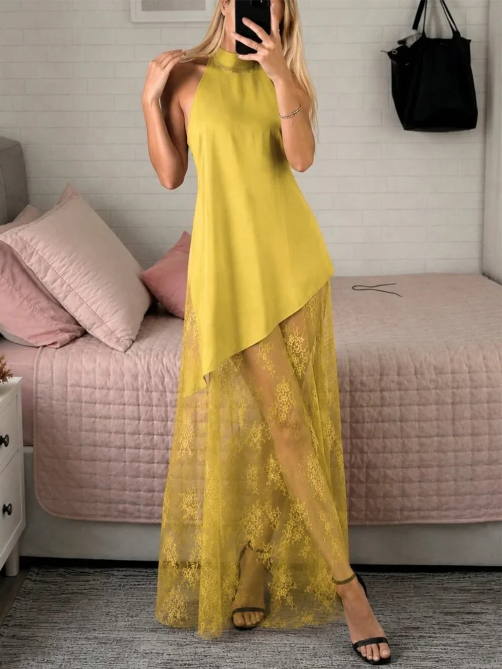 Yellow Casual Women's Sleeveless Sheer Lace detailed A-Line Dress - Picture 3 of 6